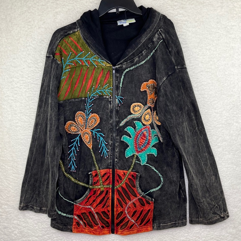 Happy Colors Artsy Embroidered Floral Patchwork Zip Up Hoodie Jacket Women 1X XL